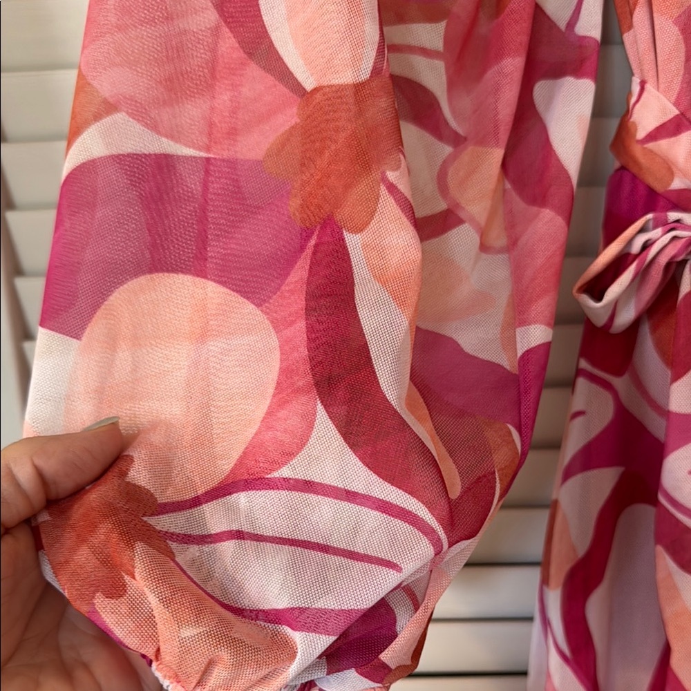 Pink and White Floral Wrap Gown with Bishop Sleeves - Picture 5 of 13